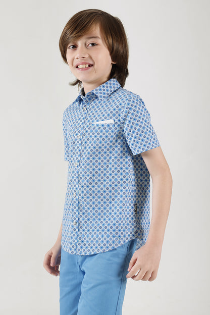 Boys Blue Regular Fit Short Sleeve Printed Shirt by One Friday