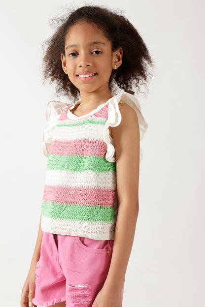 Girls Multicolor Solid Top with Frill Sleeves By Regular Fit - One Friday