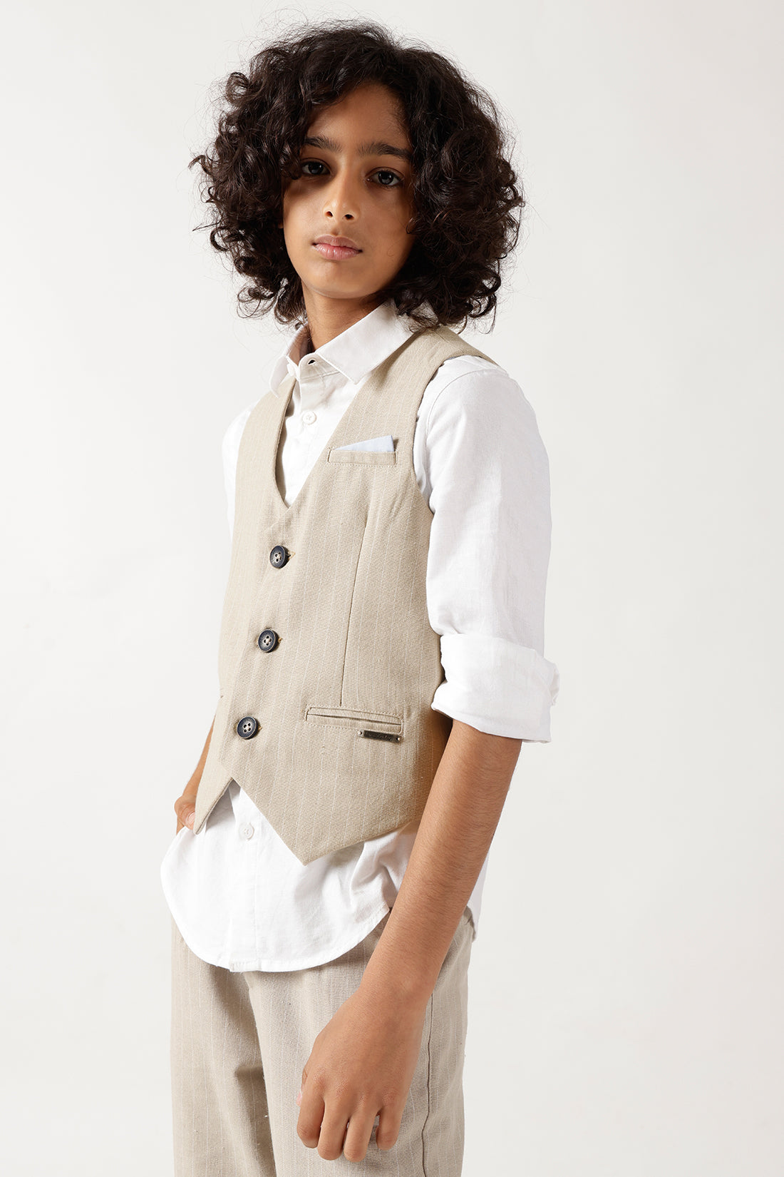 Boys Beige Sleeveless Printed Waistcoat by One Friday