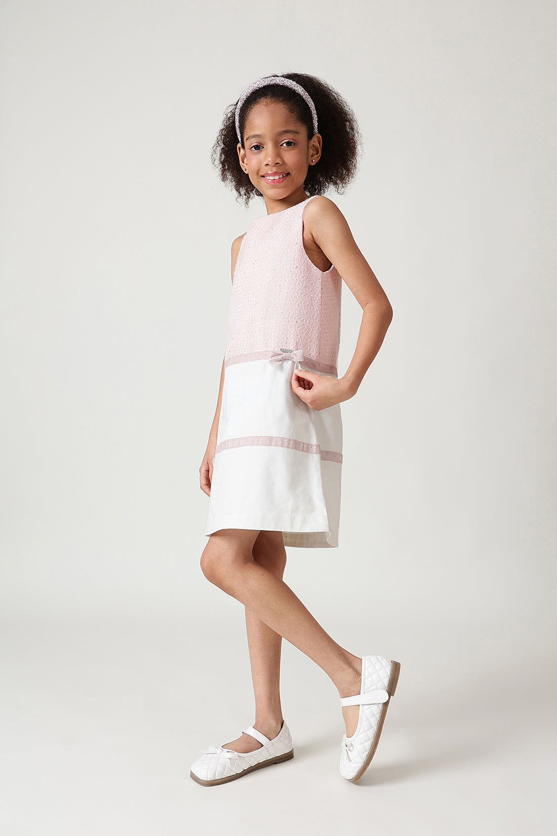 Girls Pink A-Line Sleeveless Textured Dress