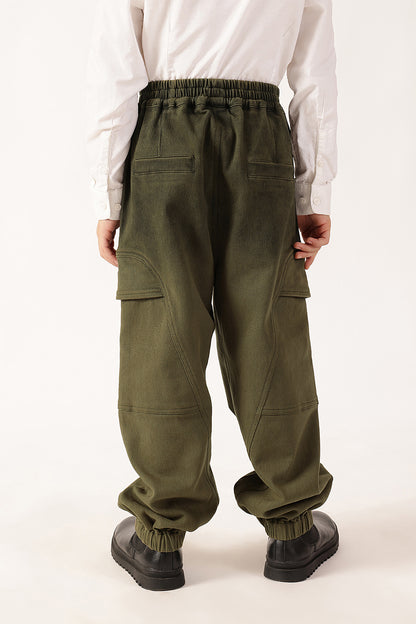 Boys Olive Solid Cotton Woven Trousers