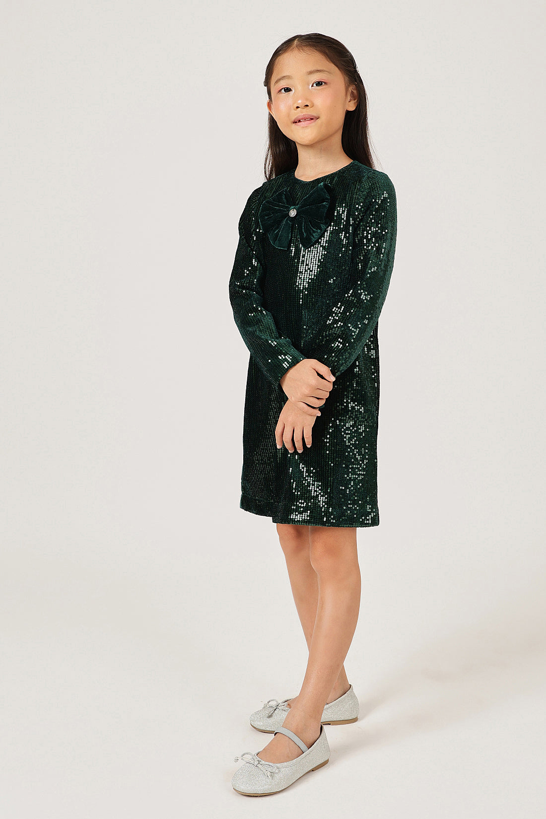 Girls Green Solid Full Sleeve Polyester Dress | One Friday