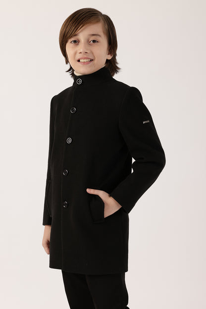 Boys Black High Neck Overcoat | One Friday