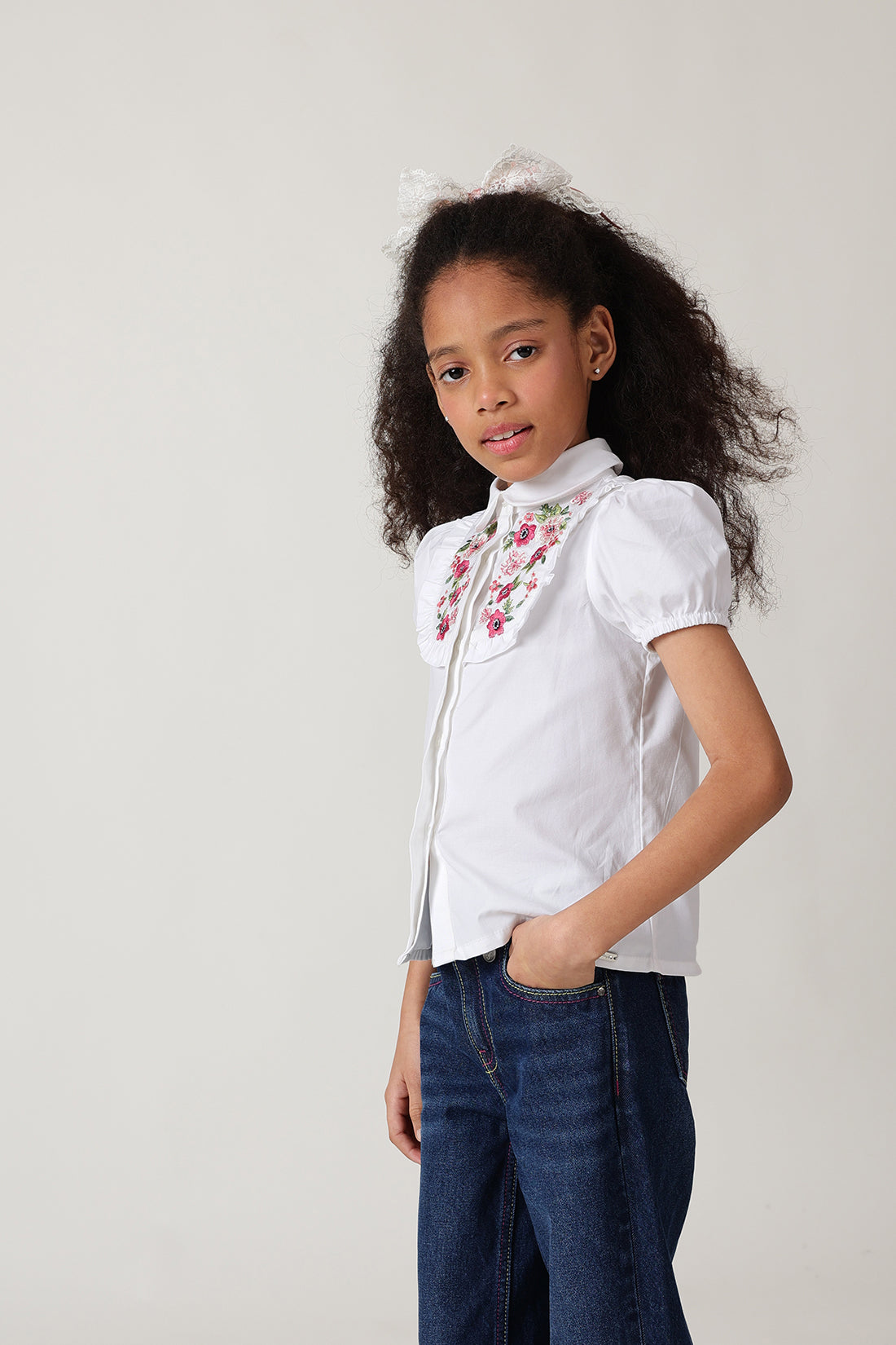 Girls White Regular Fit Half Sleeve Solid Top by One Friday