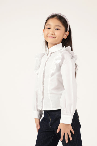Girls Off White Shirt Collar Cap Sleeve Top