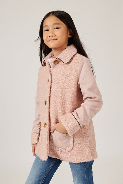 Girls Peach Solid Shirt Collar Overcoat | One Friday