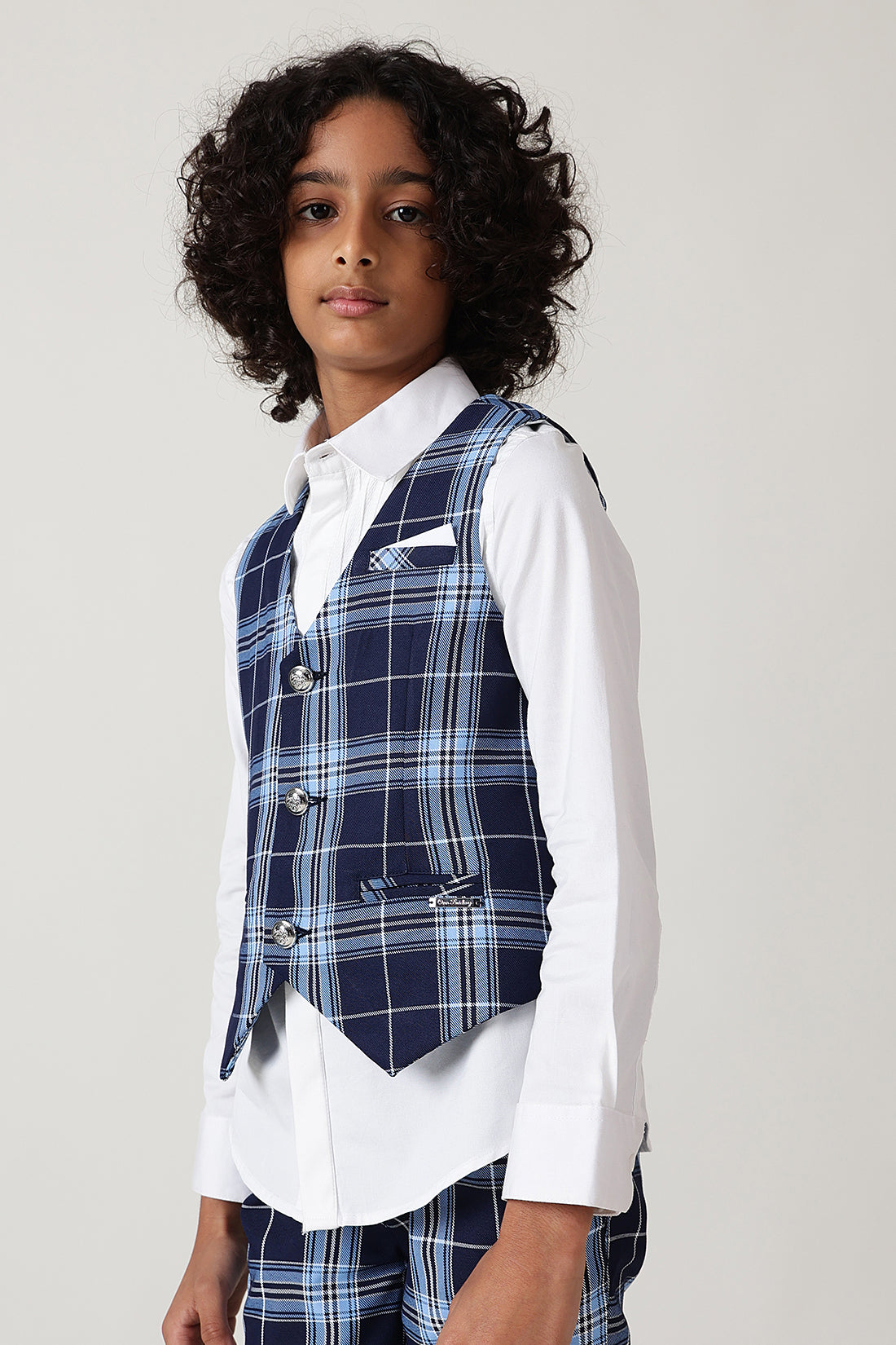 Boys Blue Slim Fit Sleeveless Checked Waistcoat by One Friday