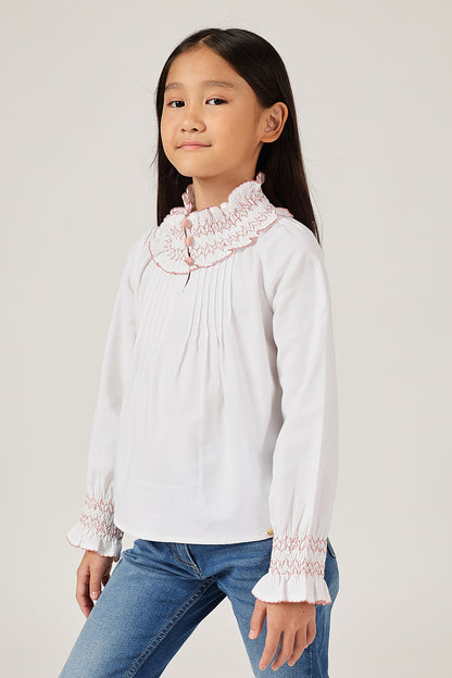 Girls White High Neck Full Sleeve Woven Top