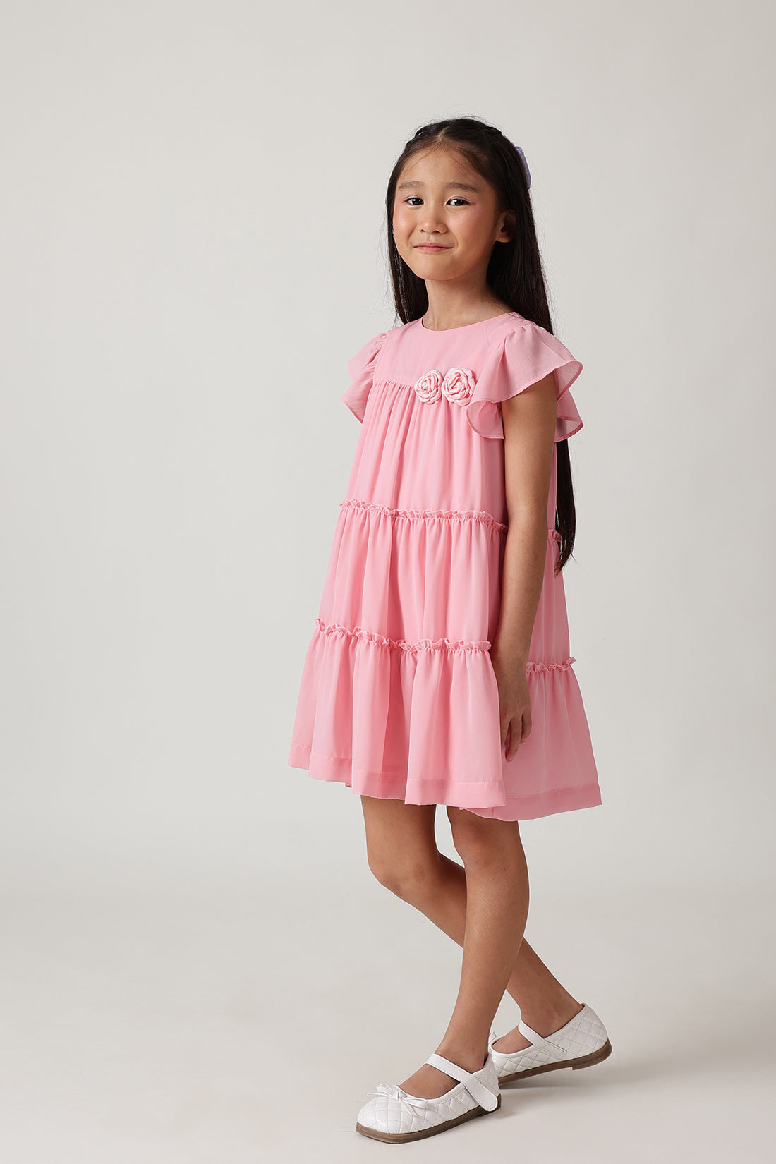 Girls Pink Fitted & Flared Frill Sleeve Solid Dress by One Friday