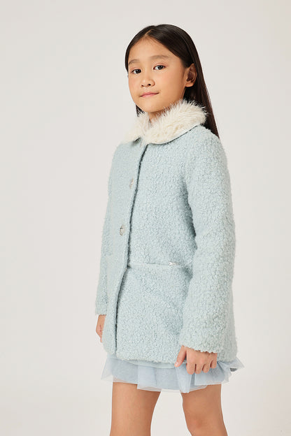 Girls Aqua Fur Buttoned Shirt Collar Overcoat