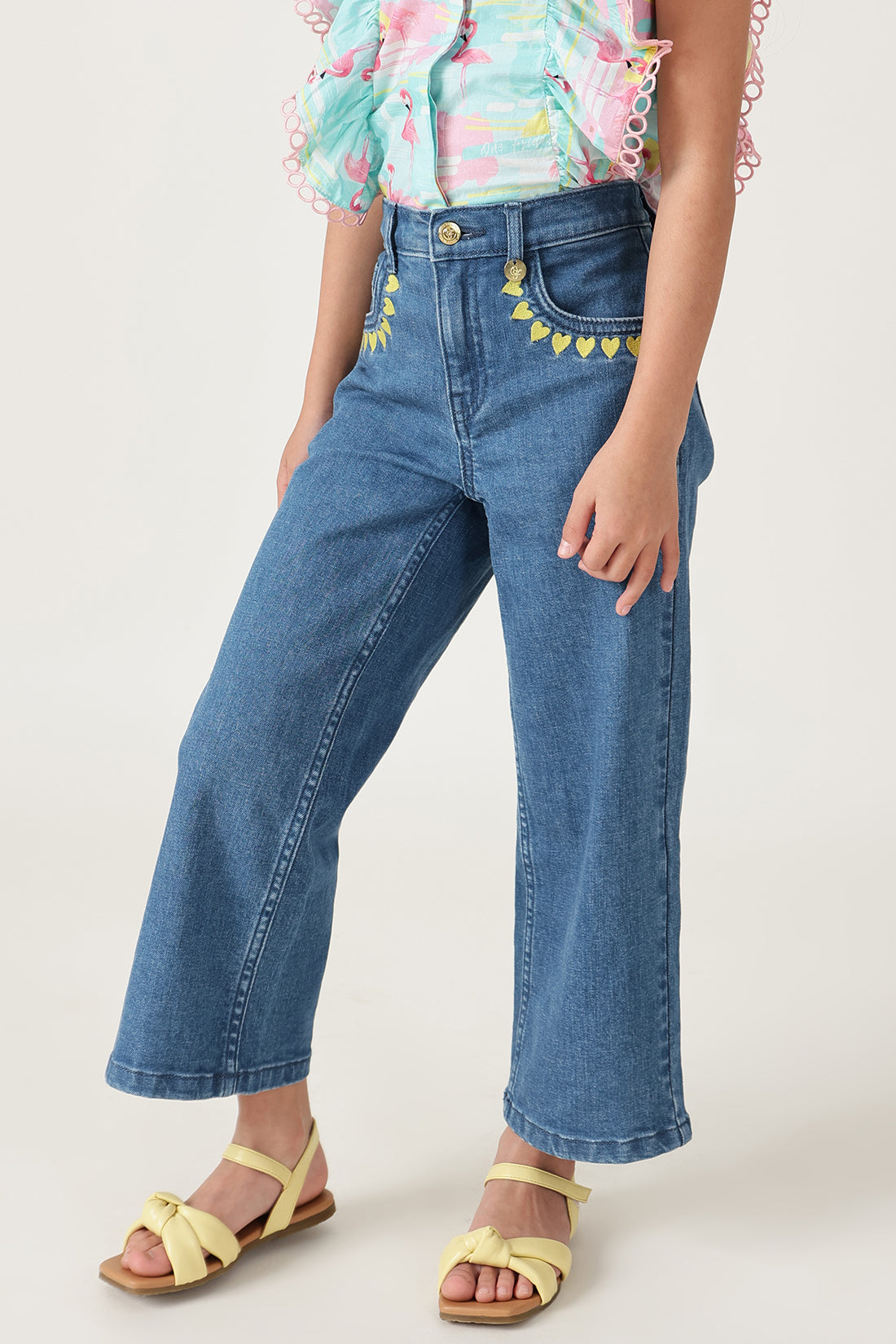 Girls Medium Blue Straight Fit Solid Jeans by One Friday