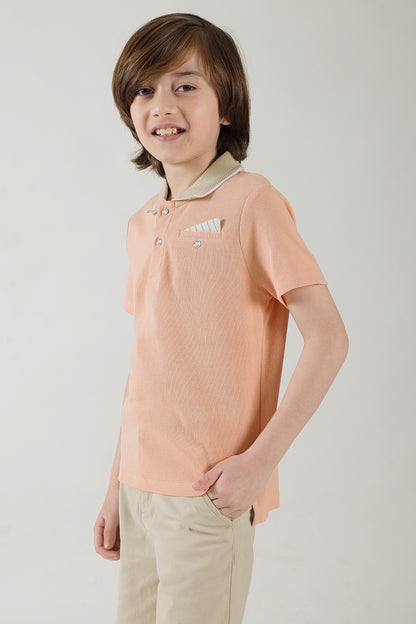 Boys Pink Regular Fitted Half Sleeve Textured T-Shirts By One Friday