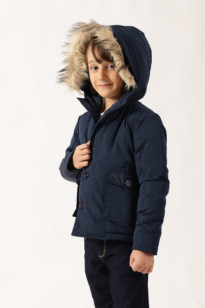 Unisex Navy Blue Solid Hooded Polyester Woven Jacket with Buttons | One Friday