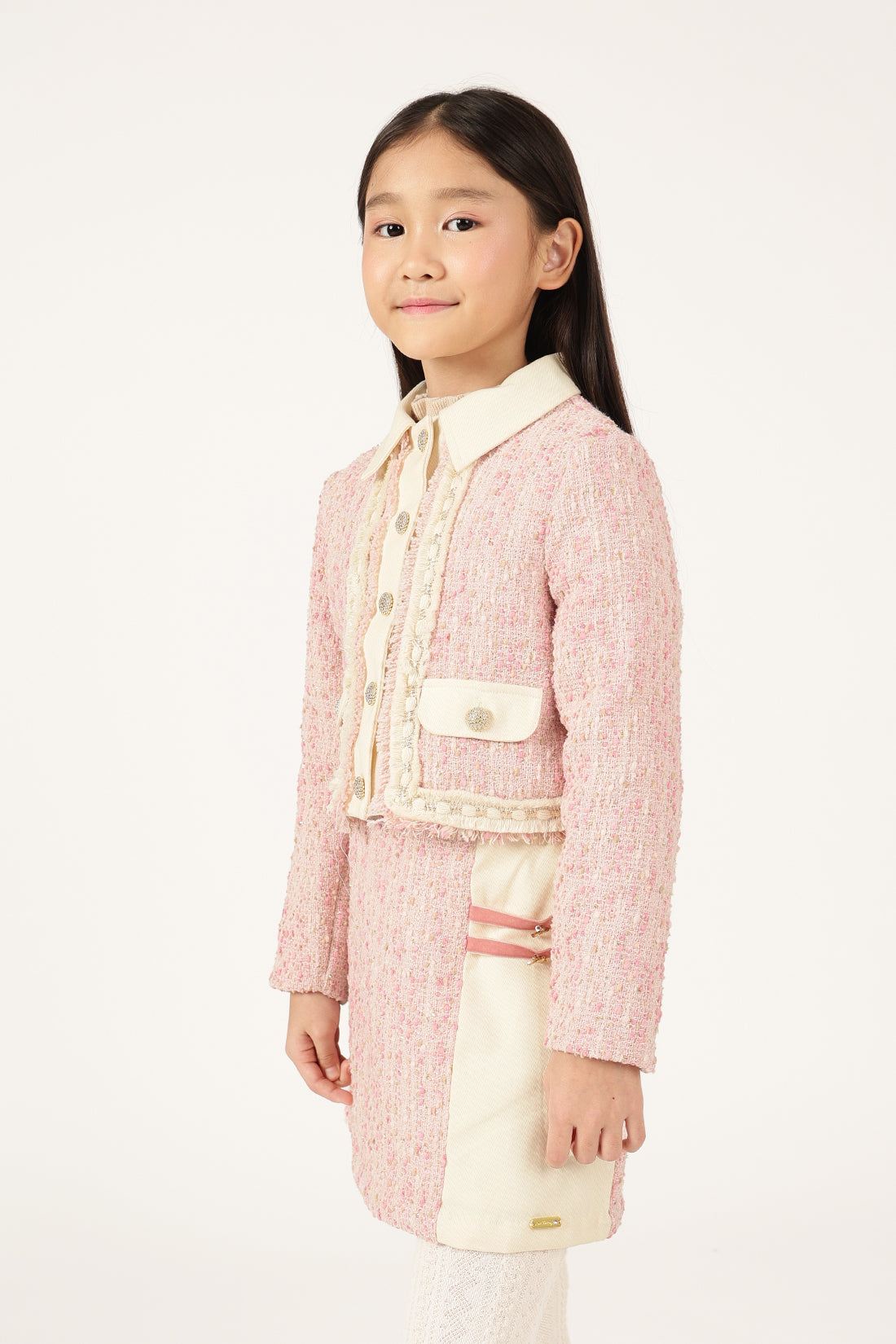 Girls Multicolour Bouclé Shirt Collar Jacket