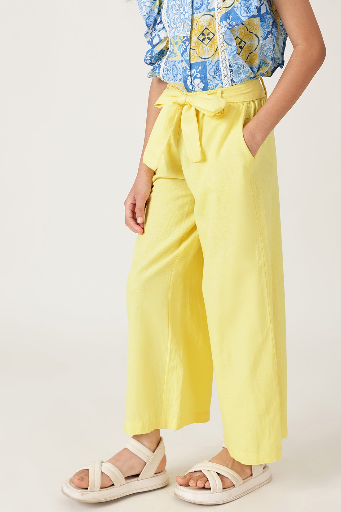 Girls Yellow Regular Fit Solid Culottes by One Friday