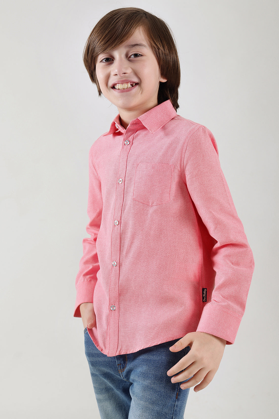 Boys Pink Regular Fit Full Sleeve Solid Shirt by One Friday