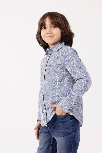 Boys Blue Printed Cotton Shirt