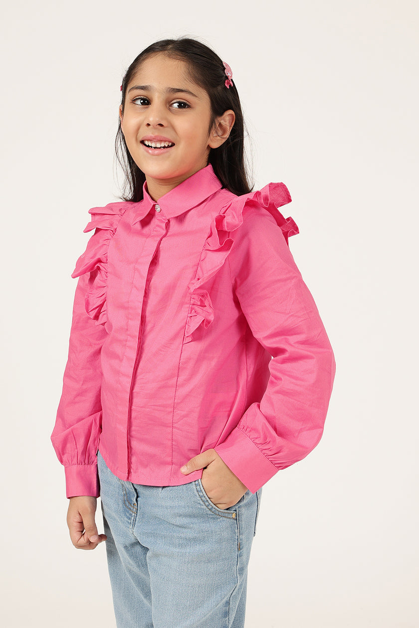 Girls Pink Cotton Shirt Collar Cap Sleeve Top