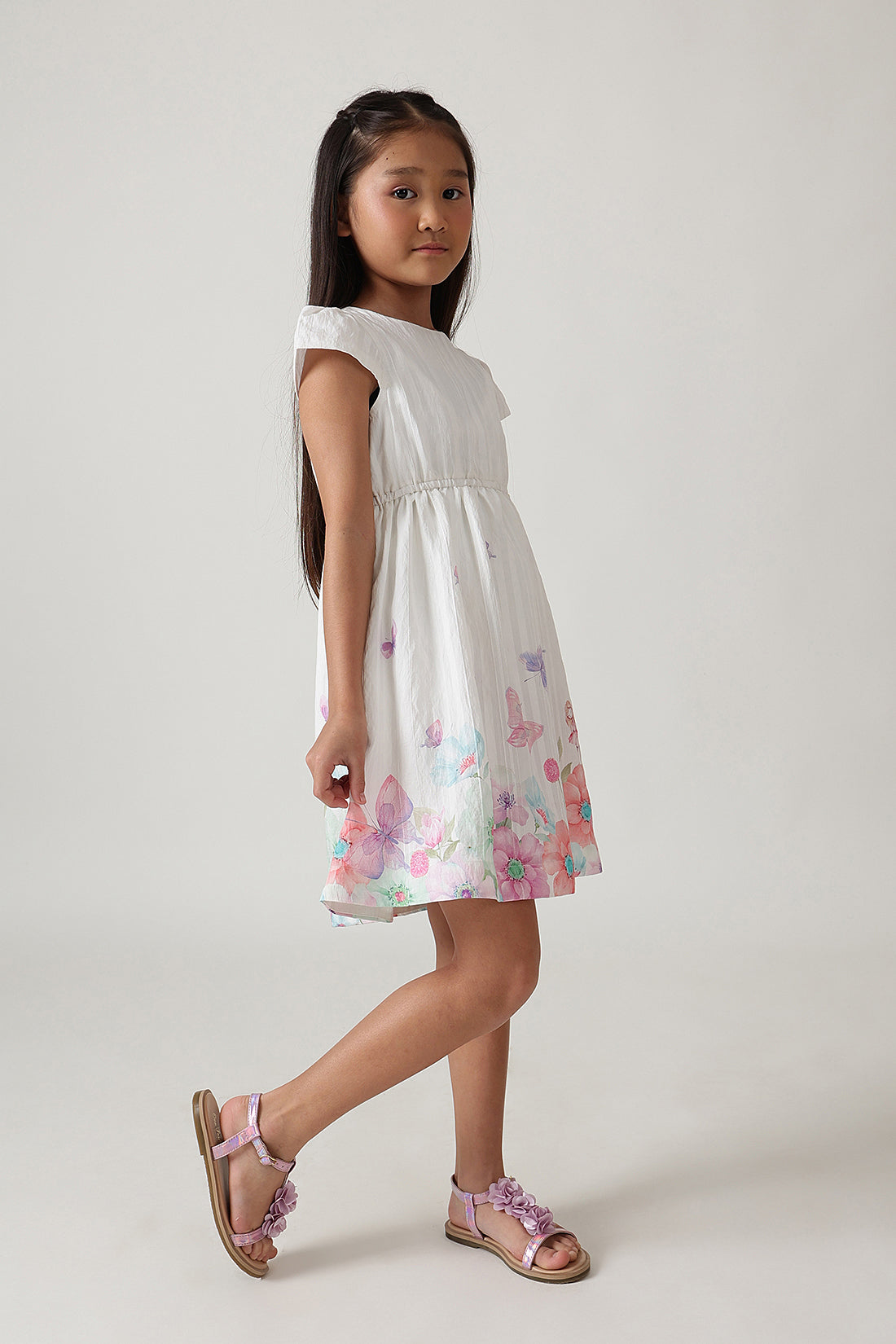 Girls Off White Butterfly Print Dress