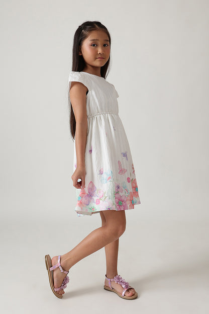 Girls Off White Butterfly Print Dress