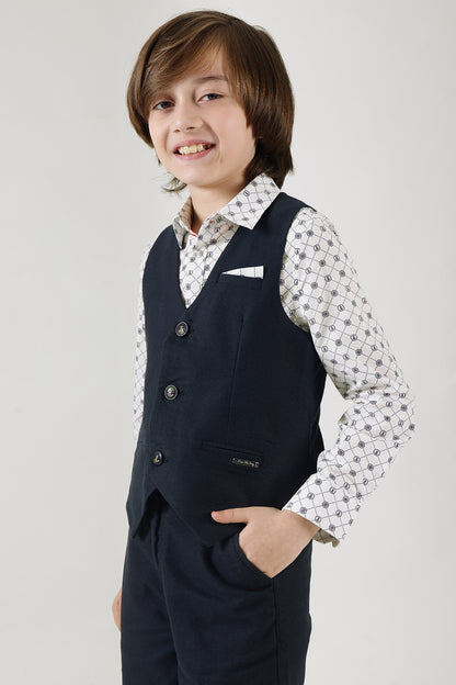 Boys Navy Blue Slim Fit Sleeveless Solid Waistcoat by One Friday