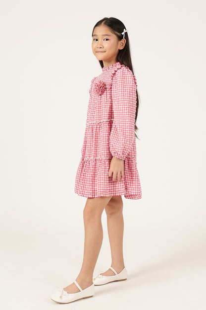 Girls Pink Printed Woven Dress Full Sleeves | One Friday