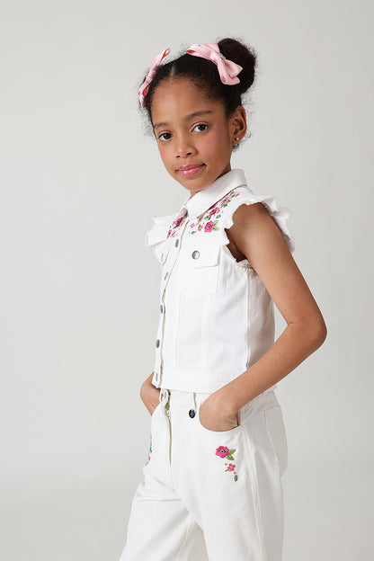Girls White Regular Frill Sleeve Denim Jackets