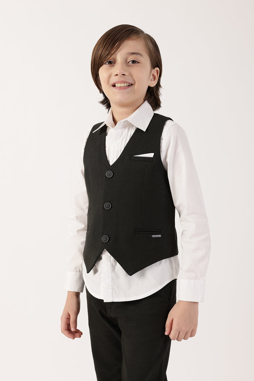 Boys Olive Solid Sleeveless V-Neck Waistcoat