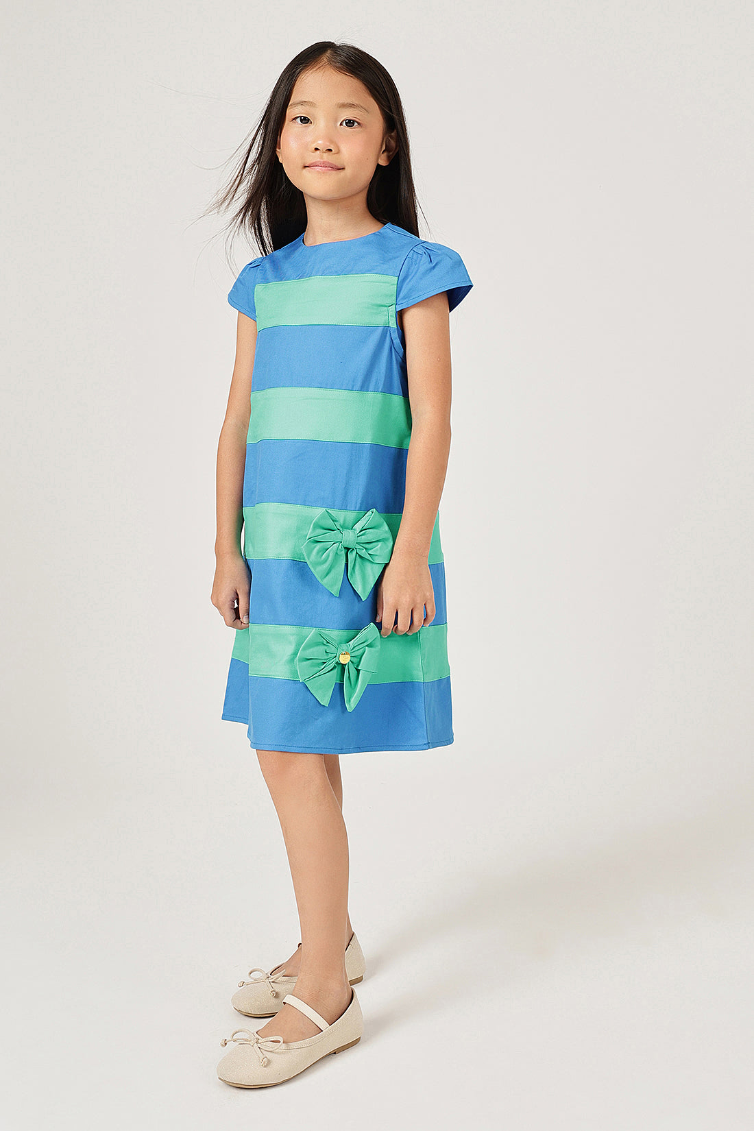 One Friday Girl’s Blue Striped Woven Dress – Round Neck, Easy Wash
