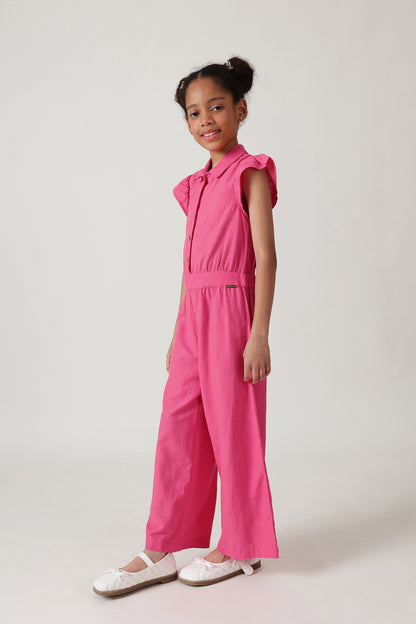 Girls Pink Regular Fit Frill Sleeve Solid Jumpsuit by One Friday