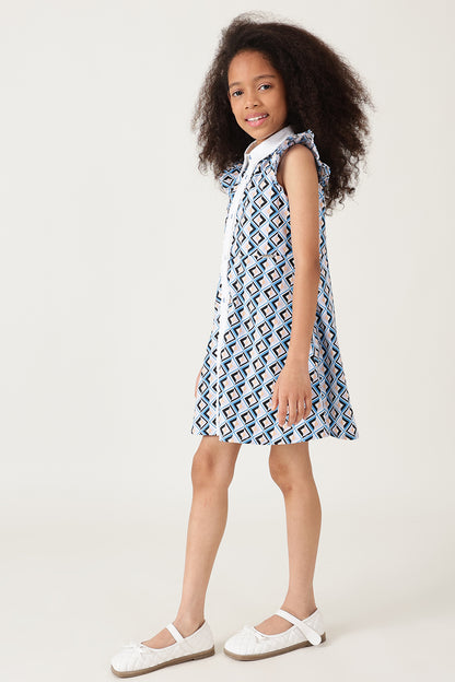 Girls Blue Frill Sleeve Geometrical Print Dress Online | One Friday