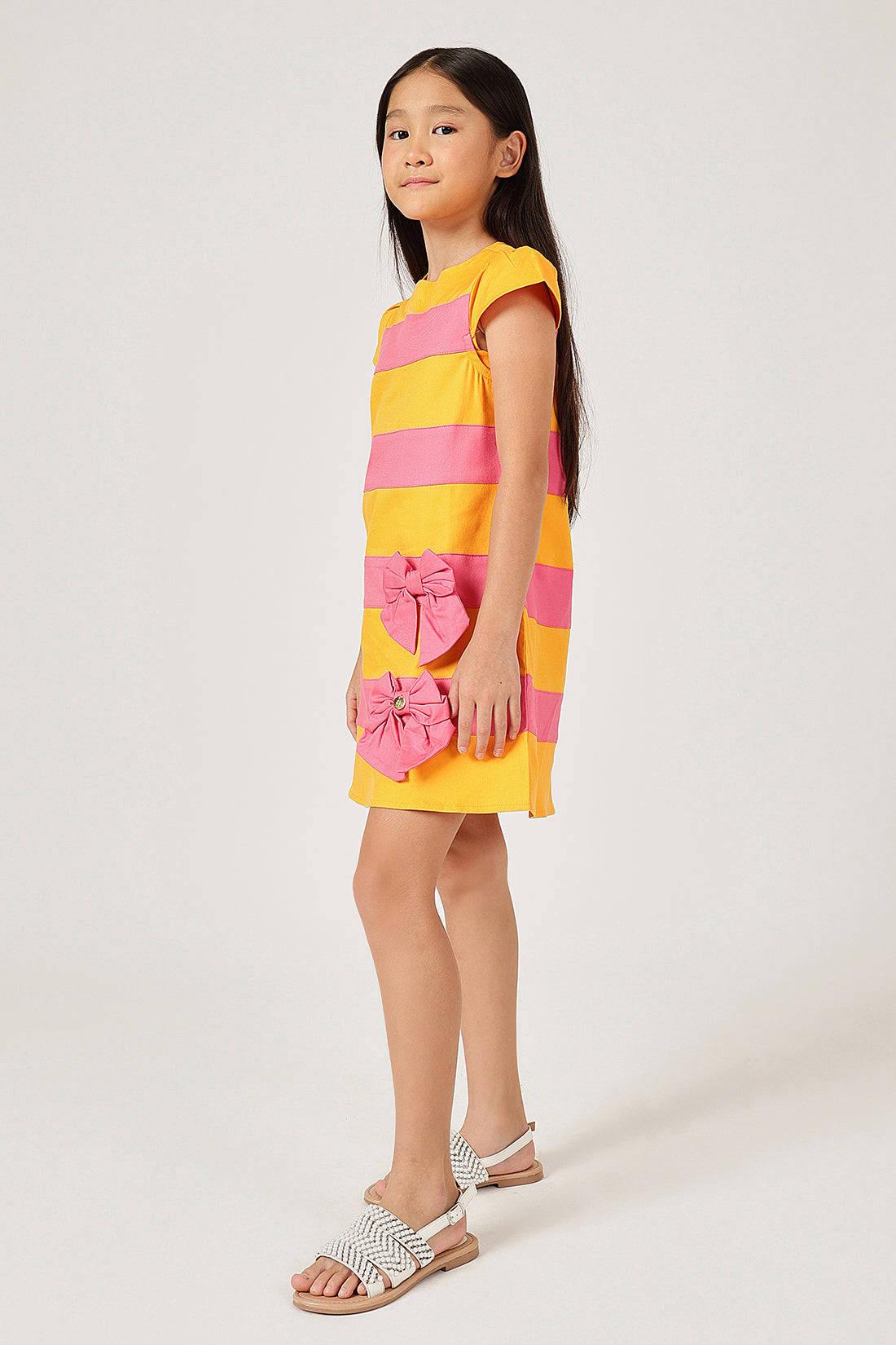 Girls Orange Striped Cotton Round Neck Cap Sleeve Dress | One Friday