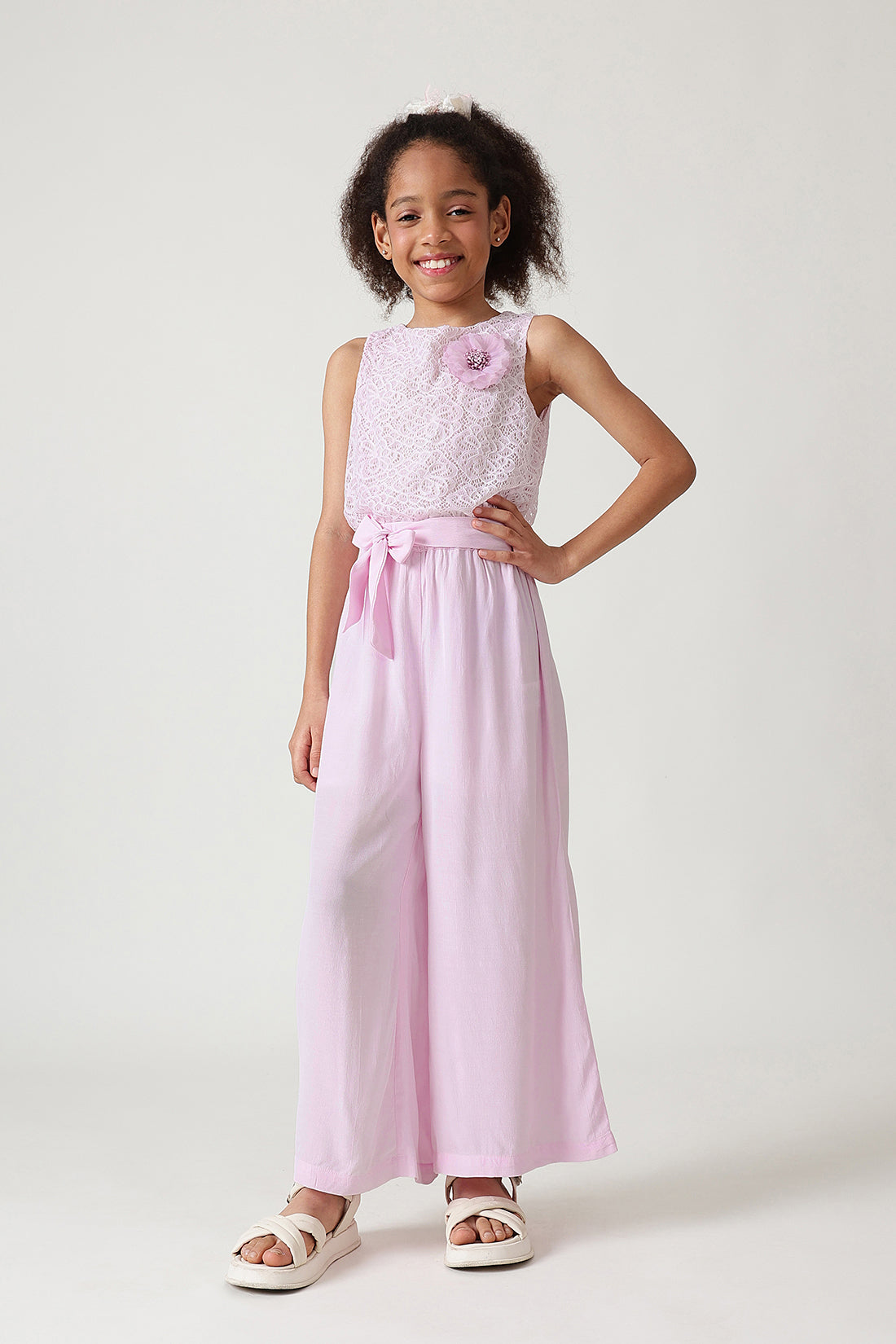 Girls Lavender Regular Sleeveless Laced Jumpsuit by One Friday