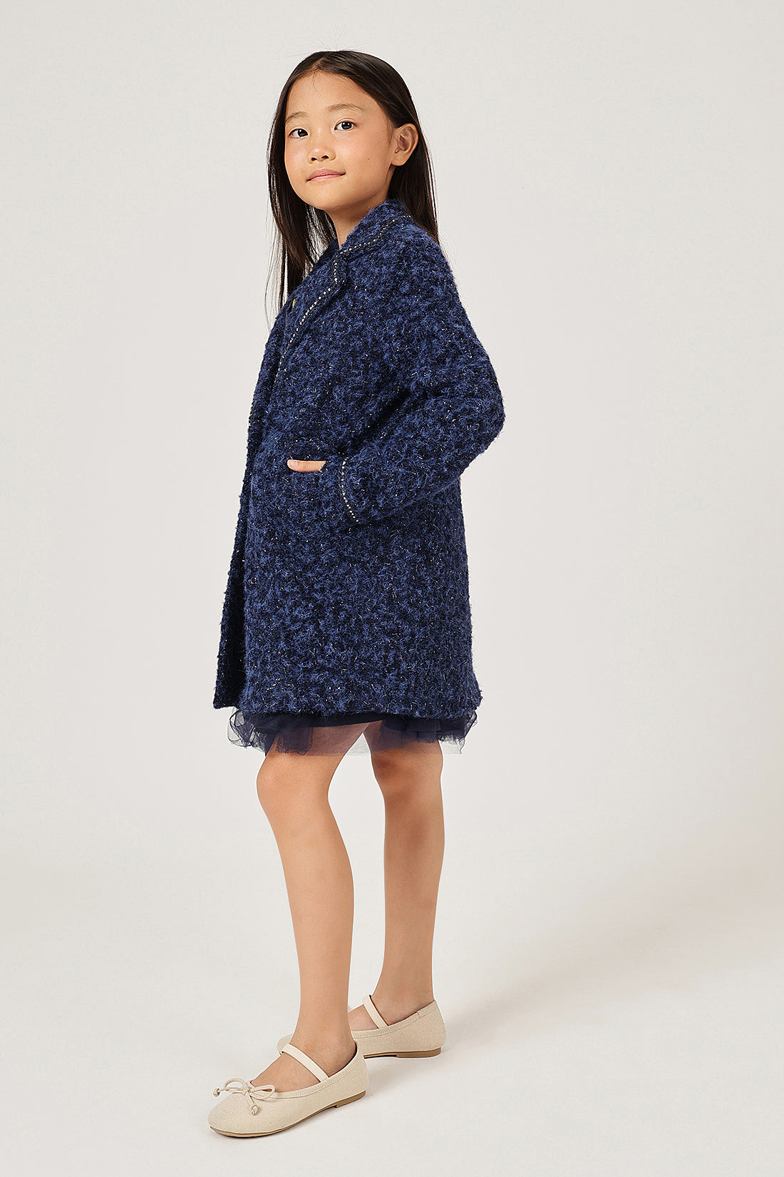 Girls Navy Blue Solid Shirt Collar Overcoat
