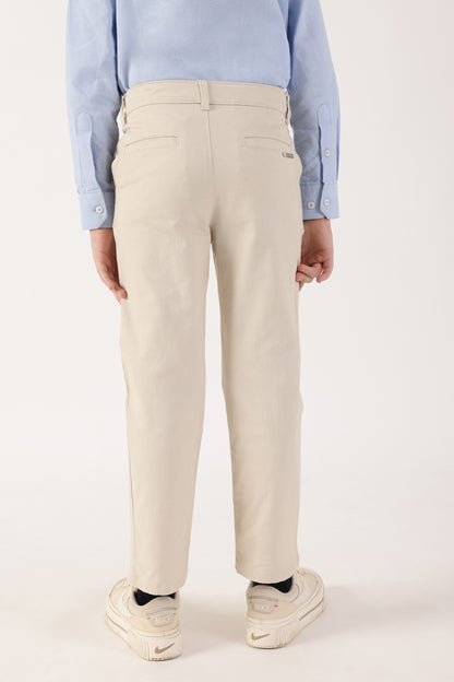 Boys Beige Solid Stretch Woven Trousers