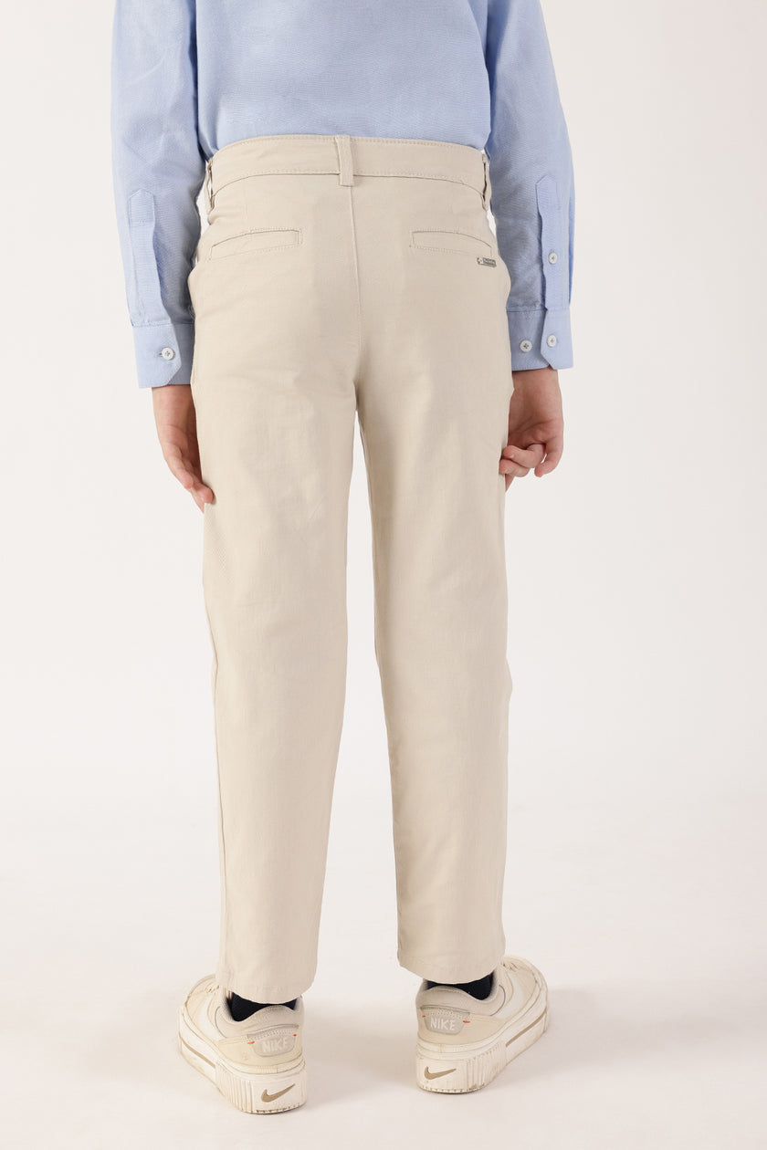 Boys Beige Solid Stretch Woven Trousers
