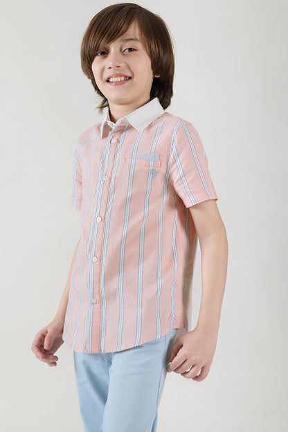 Boys Pink Regular Fit Short Sleeve Striped Shirt by One Friday