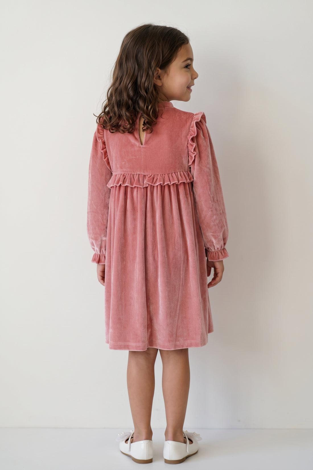 Girls Peach Solid Velour Ruffle Collar Dress