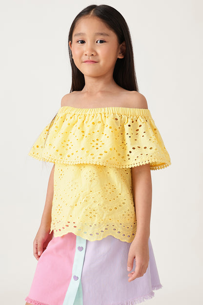 One Friday Girls Yellow Schiffly Top
