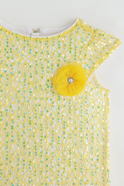 Girls Yellow A-Line Cap Sleeve Solid Dress By One Friday