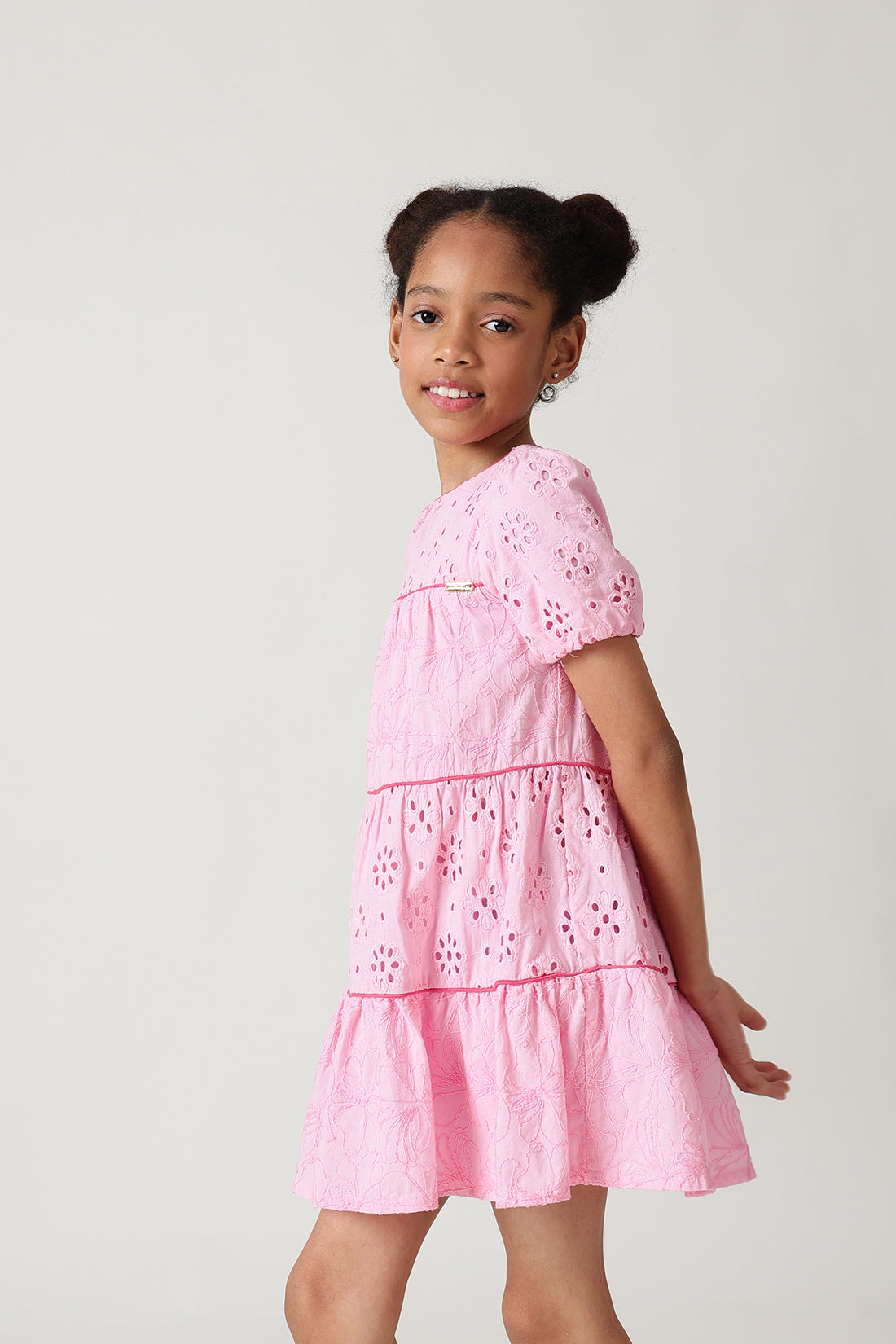 Girls Pink A-Line Short Sleeve Solid Dress By One Friday
