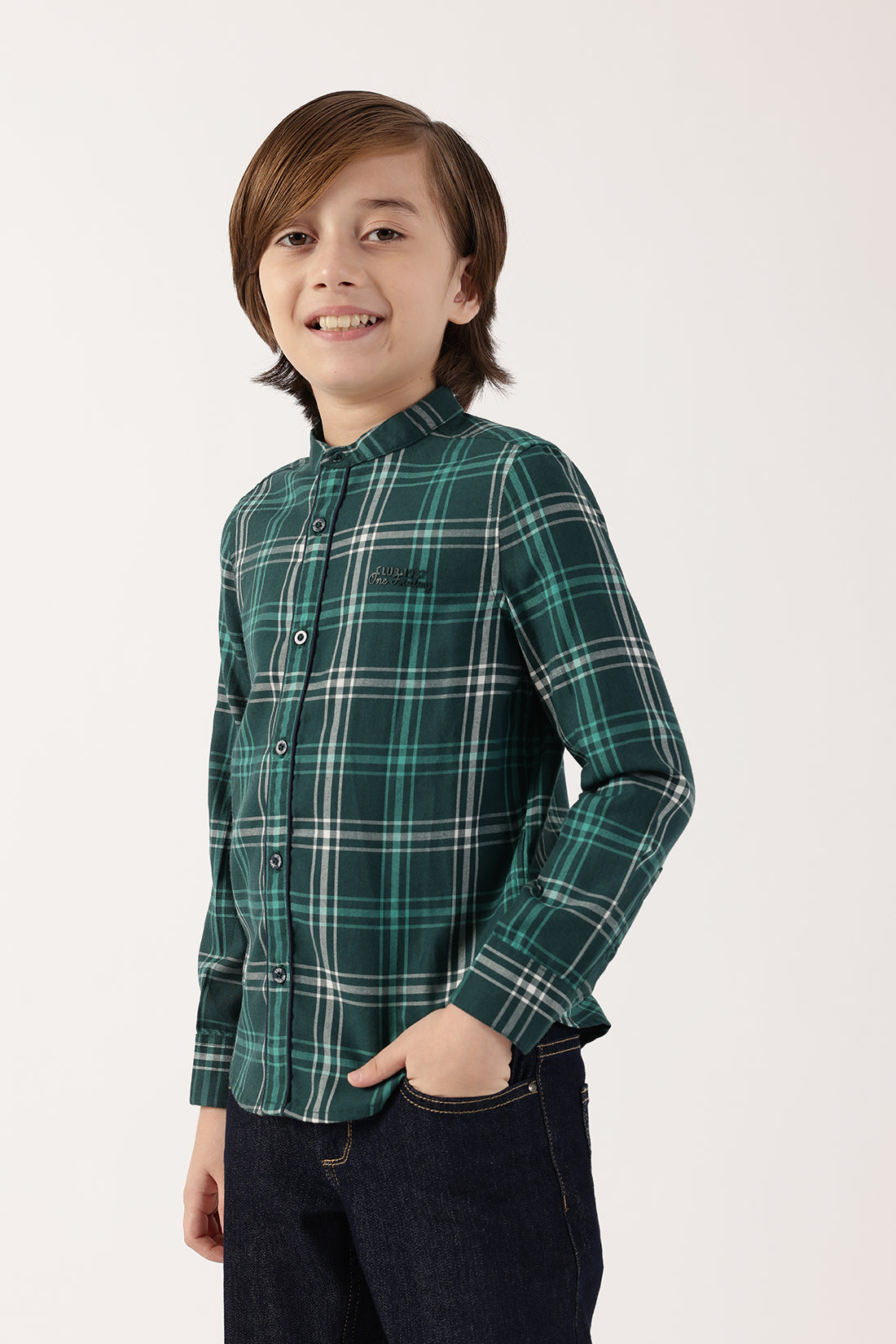 Boys Green Checked Woven Shirt Premium Polyester