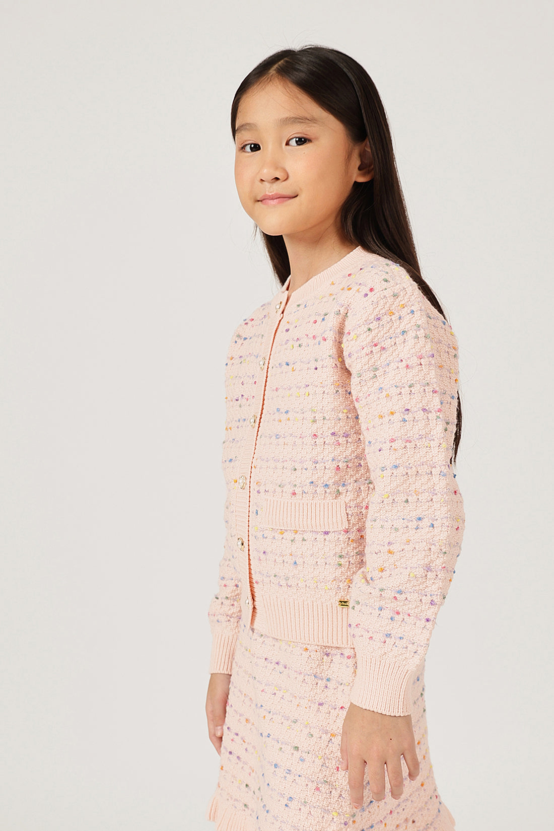 Girls Peach Round Neck Button Full Sleeve Cardigan