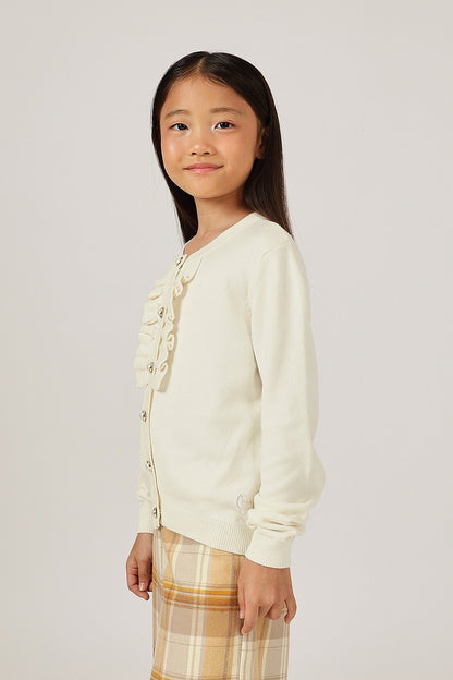Girls Off White Round Neck Full Sleeve Cardigan