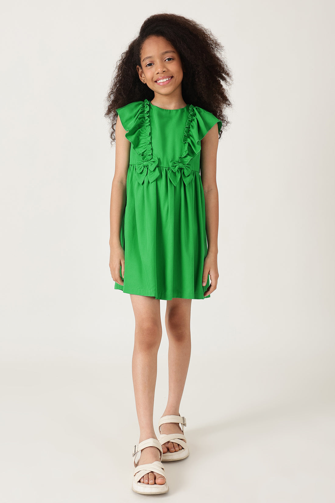 Girls Green Drop Waist Solid Dress with Frill Sleeves By One Friday