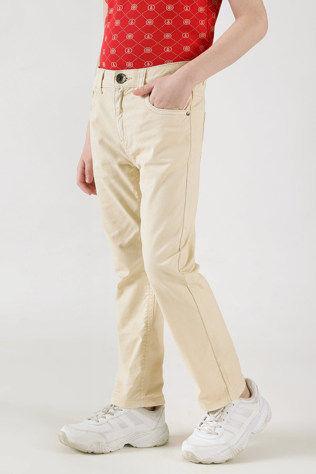 Boys Beige Regular Fit Solid Trouser by One Friday