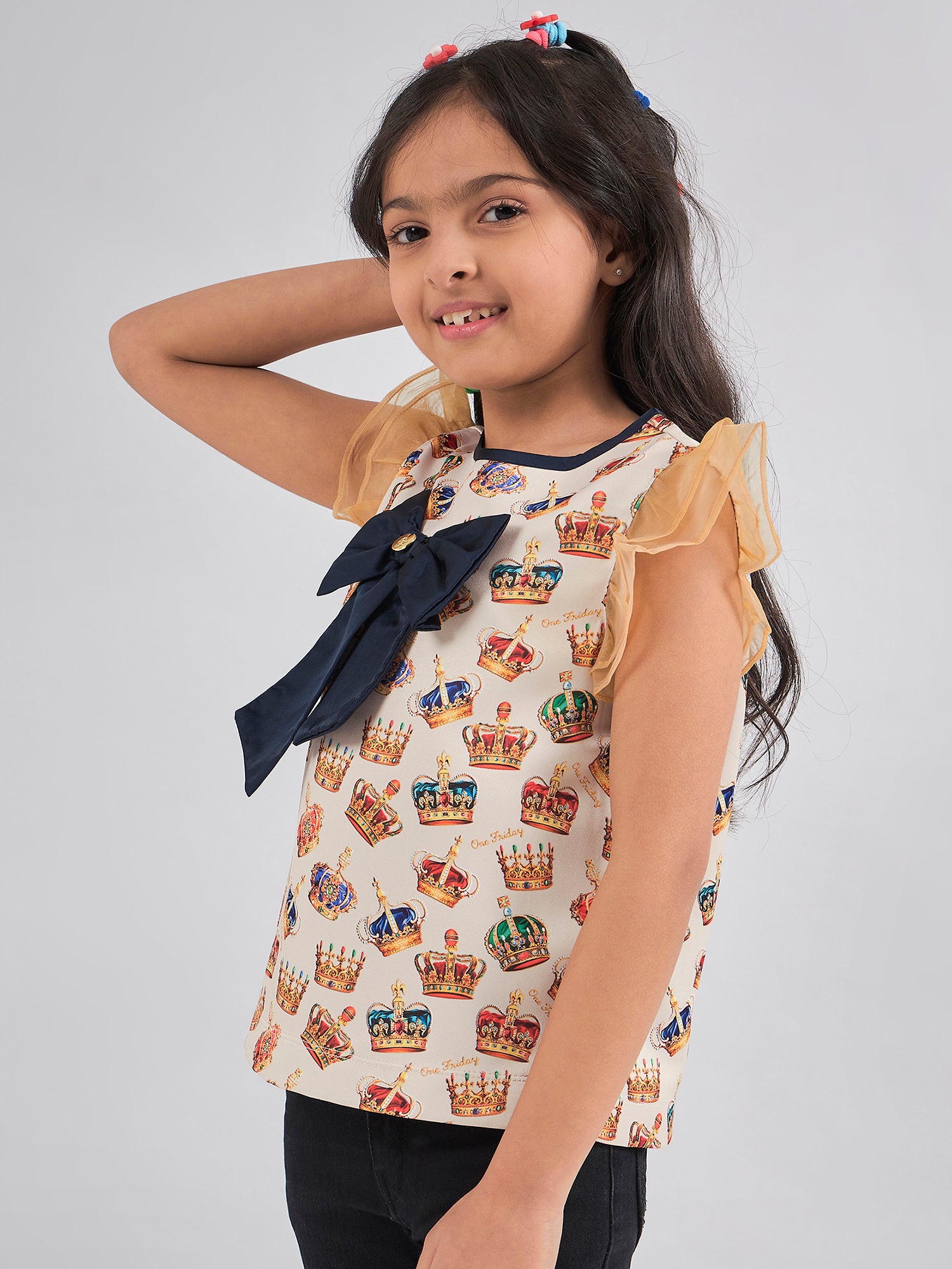 One Friday Kids Girls Crown Printed Top With Navy Blue Bow