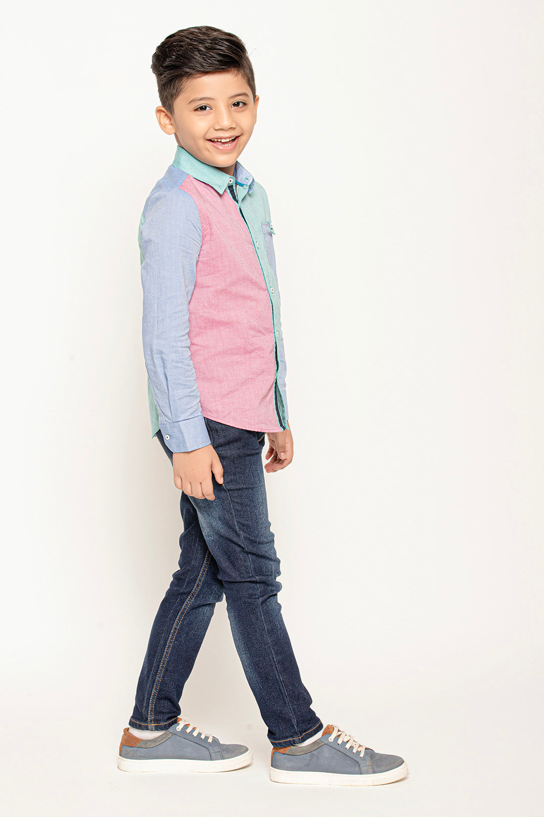 One Friday Varsity Chic Dual-Colored Blue and Pink Full Sleeves Shirt for Boys