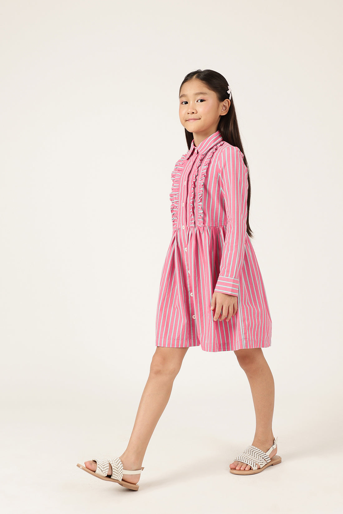 Girls Pink Striped Cotton Shirt Collar Full Sleeve Dress | One Friday