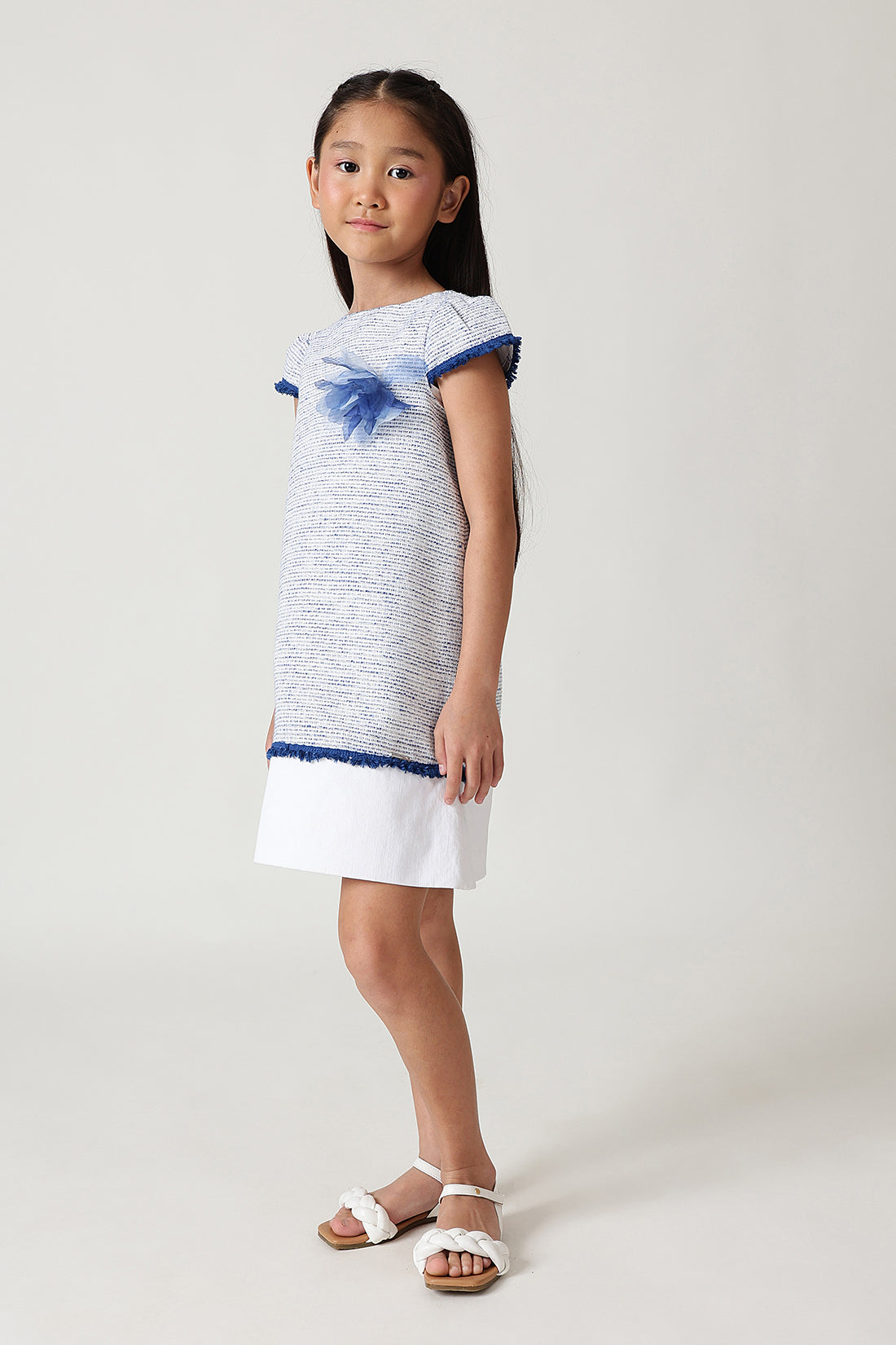 Girls Blue A-Line Cap Sleeve Textured Dress by One Friday